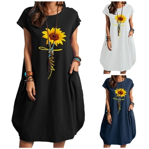 Women Casual Sunflower Print Cotton Linen Midi Dress Round Neck Short Sleeve Loose Plus Size Dress With Pockets
