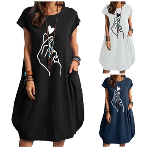 Robe Midi Décontractée en Mélange de Coton et Lin pour Femmes Manches Courtes Imprimé Cœur de Doigt Grande Taille Poche Robe d'Été Large Élégante