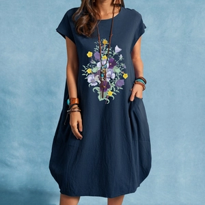 Women's dark blue floral print cotton linen maxi dress with pockets and boho style