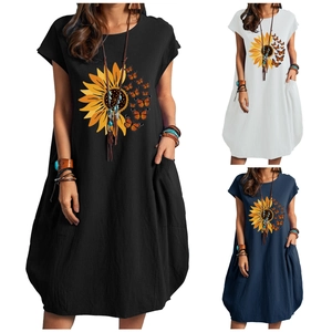 Robe Midi Décontractée en Mélange de Lin pour Femme Imprimé Tournesol et Papillon Col Rond Manches Courtes Robe Boho Ample