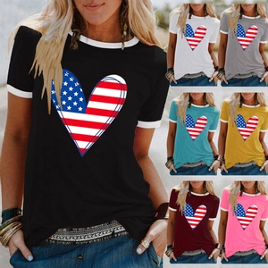Women's Casual Round Neck Short Sleeve T-Shirt Americana Heart American Flag Print Ringer Tee Independence Day Summer Top