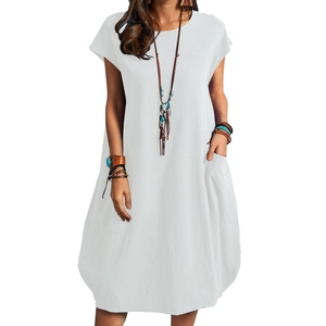 Summer casual white cotton linen dress with round neck and practical side pockets