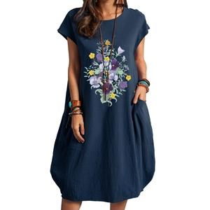 Navy floral print cotton linen dress with short sleeves and pockets in loose fit