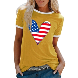Women's yellow crewneck T-shirt with US flag heart print and white contrast trim