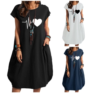 Women Casual Cotton Linen Blend Midi Dress Short Sleeve Round Neck Heart ECG Print Loose Fit Vacation Dress With Pockets