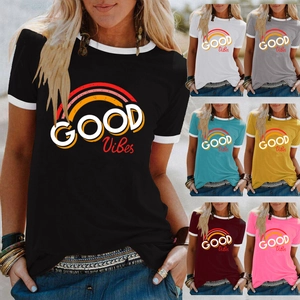 T-Shirt Décontracté en Mélange de Coton pour Femmes Imprimé Arc-en-Ciel Good Vibes Ringer Tee Col Rond Manches Courtes