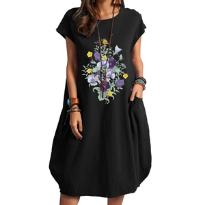 Women's summer black cotton linen midi dress with floral print and side pockets