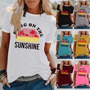 Women Sunshine Palm Tree Graphic Print Ringer T-Shirt Cotton Blend Crew Neck Short Sleeve Casual Streetwear Top