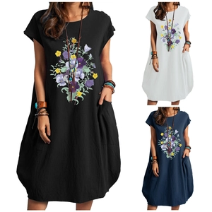 Women Casual Floral Print Linen Blend Midi Dress With Pockets Short Sleeve Round Neck Loose Oversized Bohemian Dress