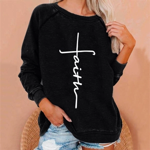 Women's black crewneck sweatshirt featuring a unique white faith cross print design