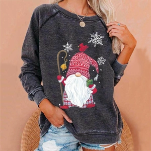 Sweat-shirt de Noël gris foncé pour femmes avec motif gnome et manches raglan douces