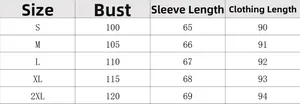Size chart for long sleeve Christmas cardigan showing chest, sleeve, and length in cm