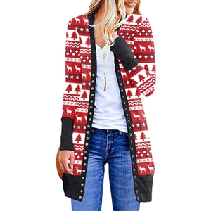 Women Christmas Long Sleeve Open Cardigan Reindeer Snowflakes Print Plaid Longline Button Down Festive Party Casual Top