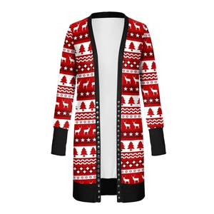 Detail of Christmas cardigan featuring reindeer prints and silver button fasteners