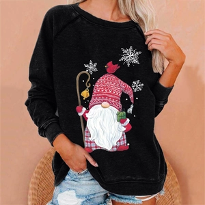 Sweat-shirt noir pour femme avec imprimé festif de gnome de Noël et de flocons de neige