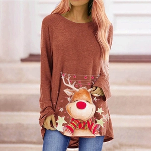 T-shirt femme à manches longues avec imprimé renne de Noël en rouge brique et coupe ample