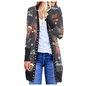 Women's Christmas cardigan with reindeer and snowflake prints in dark grey knitwear