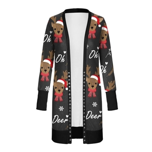 Close-up of reindeer print with Oh Deer text on black Christmas cardigan sweater
