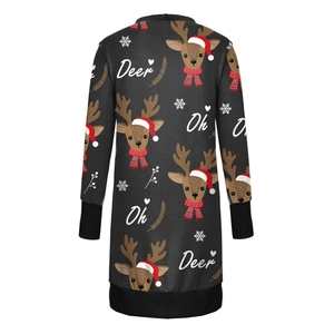 Detail of Christmas reindeer and snowflake prints on black long sleeve sweatshirt dress