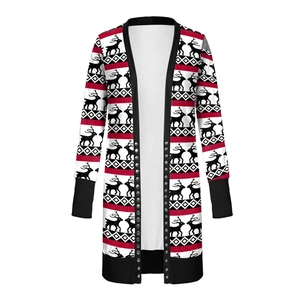 Detailed view of Christmas knit cardigan featuring reindeer patterns and metal rivet details