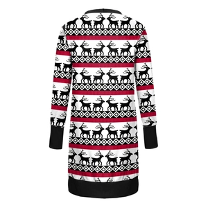 Back view of a Christmas reindeer cardigan with festive holiday patterns and ribbed cuffs