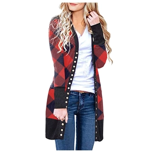 Women's long Christmas cardigan featuring red buffalo plaid and black trim with buttons