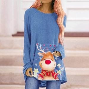 Sweat-shirt bleu à manches longues avec imprimé élan de Noël pour femmes ample