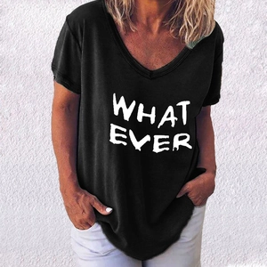 T-shirt noir col en V pour femmes avec imprimé de lettres blanches WHAT EVER chic