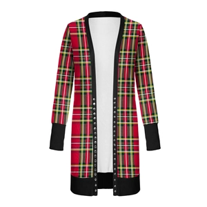 Detail of red plaid Christmas cardigan with metallic buttons and black ribbed trim