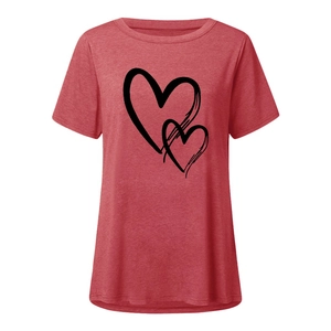 Close-up of a red round neck T-shirt with black double heart hand-drawn pattern