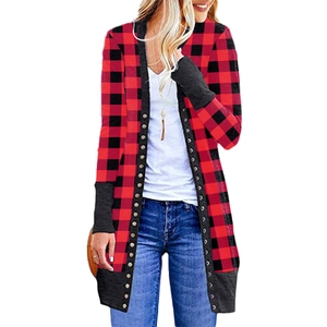 Detail view of red buffalo plaid cardigan with ribbed cuffs and button trim accents