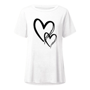 Close-up detail of the minimalist hand-drawn black overlapping heart print on white T-shirt