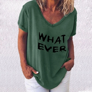 T-shirt femme vert foncé col en V avec imprimé graphique noir WHAT EVER et coupe ample