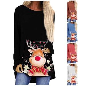 T-shirt à Manches Longues pour Femmes Imprimé Renne de Noël Col Rond Décontracté Haut de Fête en Mélange de Coton