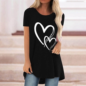 Detail of loose black short sleeve T-shirt with white double heart print on outdoor stairs