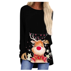 T-shirt manches longues pour femme avec motif renne de Noël noir et guirlande d'étoiles