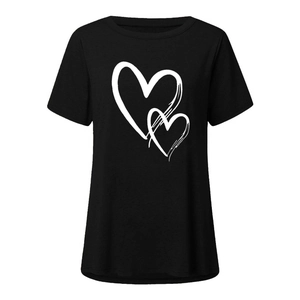 Detailed view of white heart line-art printing on casual black short sleeve cotton t-shirt