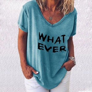 T-shirt femme bleu à col en V et manches courtes avec imprimé lettré 'WHAT EVER'