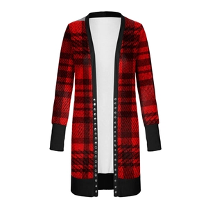 Detailed view of red and black plaid cardigan with silver buttons and ribbed cuffs