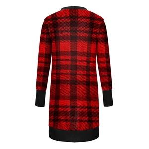 Rear view of classic red and black buffalo check long sleeve cardigan with ribbed cuffs