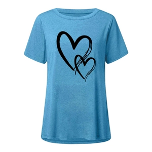 Detailed view of the double heart print and crew neck on this casual blue t-shirt