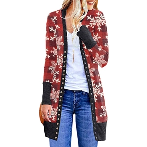 Women's Christmas long sleeve cardigan with red and black buffalo plaid and snowflake print