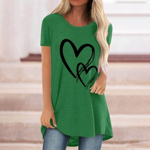 Close-up of overlapping heart print on women's casual green mid-length t-shirt