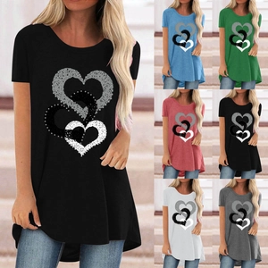 T-Shirt Décontracté en Mélange de Coton pour Femmes Col Rond Manches Courtes Imprimé Cœurs Entrelacés Mi-long Streetwear Top