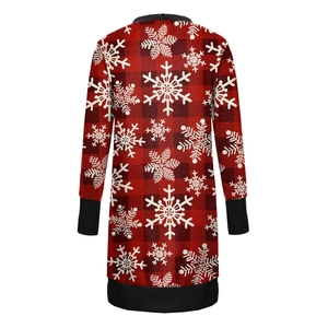Detailed back view of red plaid Christmas cardigan with white snowflake print and ribbed cuffs