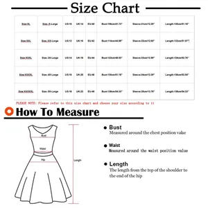 Detailed size chart for women's maxi dress showing US, UK, EU sizes from XL to 5XL