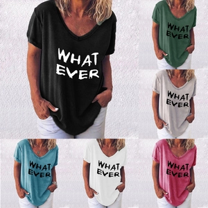 T-shirt Femme Décontracté Col en V Manches Courtes Mélange de Coton Imprimé Lettres Whatever Haut Streetwear Mode Grandes Tailles