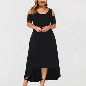 Detail of a black plus size cold-shoulder dress featuring a high-low hem and crew neck