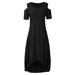 Detail of a black cold-shoulder dress featuring a high-low hem and round neckline