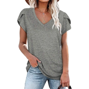T-shirt casual da donna con scollo a V grigio melange e dettagli maniche a petalo